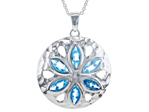 Swiss Blue Topaz Silver Tone Over Flower Pendant With Chain .74ctw