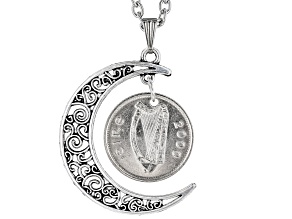 Moon and Coin Silver Tone Pendant With Chain