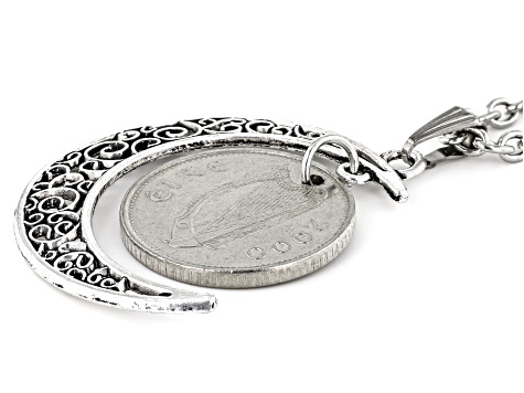 Moon and Coin Silver Tone Pendant With Chain