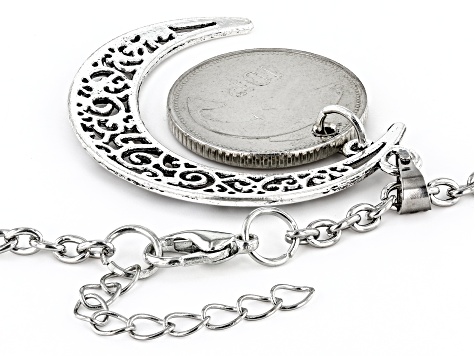 Moon and Coin Silver Tone Pendant With Chain