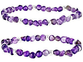 Amethyst Silver Tone Set of 2 Beaded Stretch Bracelets