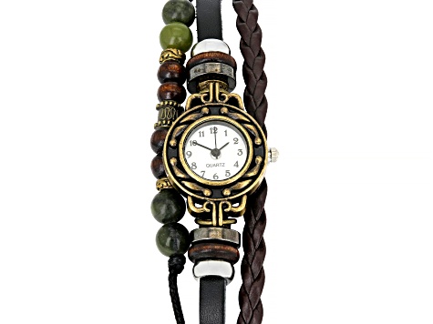 Connemara Marble Silver Tone and Leather Watch Bracelet