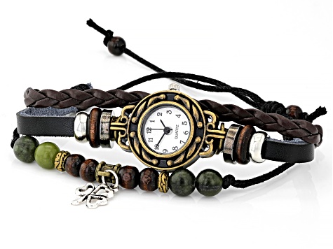 Connemara Marble Antique Gold Tone and Leather Watch Bracelet
