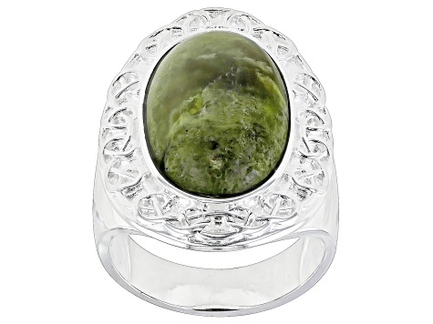 Oval Connemara Marble Silver Tone Celtic Ring