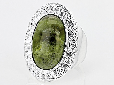 Oval Connemara Marble Silver Tone Celtic Ring