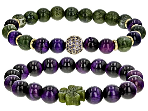 Marble, Purple Tigers Eye & Purple Cubic Zirconia Gold Tone Set of 2 Bracelets 8-10mm, 8-12mm