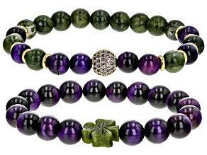 Purple Tigers Eye, Marble, & Purple Cubic Zirconia Gold Tone Set of 2 Bracelets