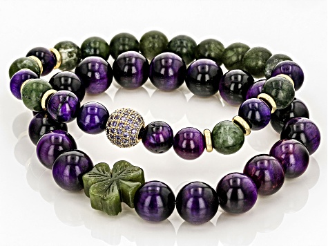 Marble, Purple Tigers Eye & Purple Cubic Zirconia Gold Tone Set of 2 Bracelets 8-10mm, 8-12mm