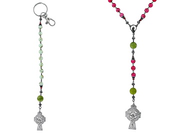 Picture of Connemara Marble, Red Crystal, Multi Color Bead Silver Tone Rosary & Key Chain Set