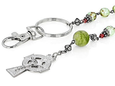 Connemara Marble, Red Crystal, Multi Color Bead Silver Tone Rosary & Key Chain Set