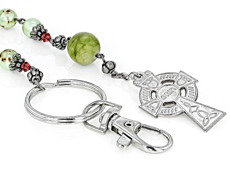 Connemara Marble, Red Crystal, Multi Color Bead Silver Tone Rosary & Key Chain Set