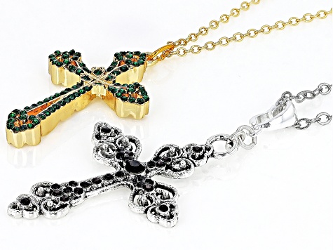 Multi Color Crystal Set of Two Silver Enhancer and Gold Tone Cross Pendant