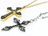 Multi Color Crystal Set of Two Silver Enhancer and Gold Tone Cross Pendant