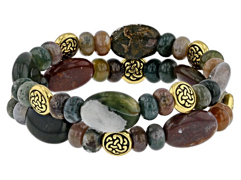 Multi-Color Agate Set of Two Gold Tone Bracelets