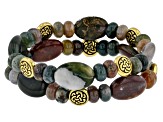 Multi-Color Agate Set of Two Gold Tone Bracelets