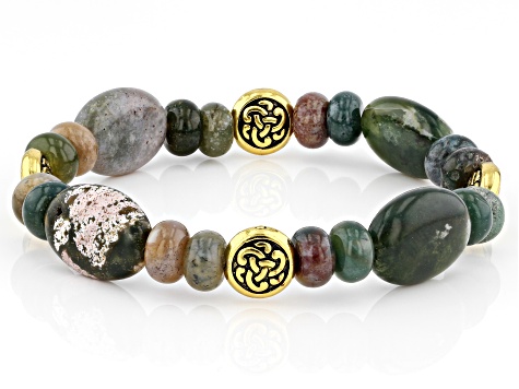 Multi-Color Agate Set of Two Gold Tone Bracelets