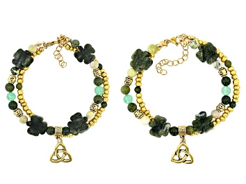 Picture of Connemara Marble & Green Quartz Gold Tone Set of Two Shamrock Bracelets