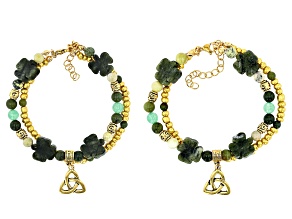 Connemara Marble & Green Quartz Gold Tone Set of Two Shamrock Bracelets