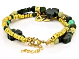 Connemara Marble & Green Quartz Gold Tone Set of Two Shamrock Bracelets