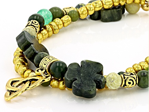 Connemara Marble & Green Quartz Gold Tone Set of Two Clover Bracelets