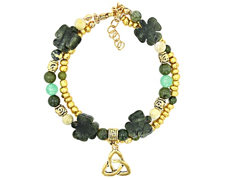 Connemara Marble & Green Quartz Gold Tone Set of Two Clover Bracelets