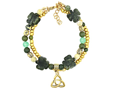 Connemara Marble & Green Quartz Gold Tone Set of Two Shamrock Bracelets