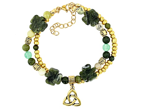 Connemara Marble & Green Quartz Gold Tone Set of Two Shamrock Bracelets