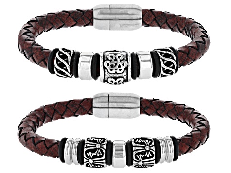 Stainless Steel Set of 2 Viking Leather Bracelets