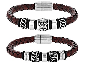 Stainless Steel Set of 2 Viking Leather Bracelets