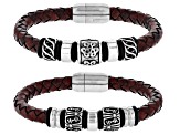 Stainless Steel Set of 2 Viking Leather Bracelets