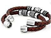 Stainless Steel Set of 2 Viking Leather Bracelets