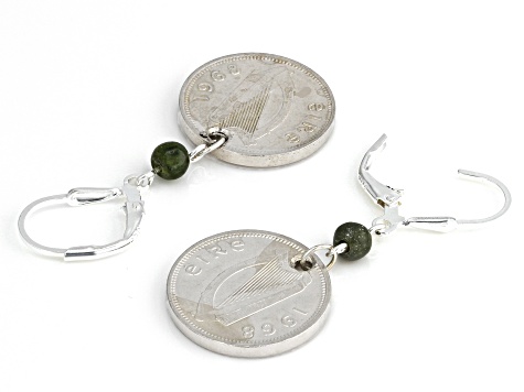 Thrupenny Bit Coin With Marble Sterling Silver Dangle  Earrings