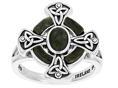 Connemara Marble Silver Tone Celtic Cross Ring