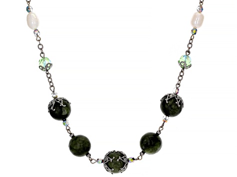 Cultured Fresh Water Pearl, Connemara Marble, & Glass Silver Tone Over Brass Station Necklace