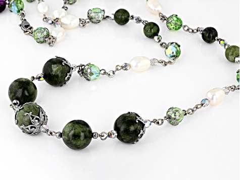 Cultured Fresh Water Pearl, Connemara Marble, & Glass Silver Tone Over Brass Station Necklace
