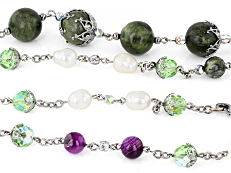 Cultured Fresh Water Pearl, Connemara Marble, & Glass Silver Tone Over Brass Station Necklace
