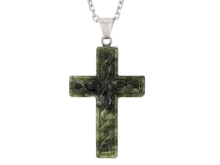 Celtic Carved Connemara Marble Silver Tone Cross Pendant With 24" Chain 50x30mm