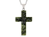 Celtic Carved Connemara Marble Silver Tone Cross Pendant With Chain