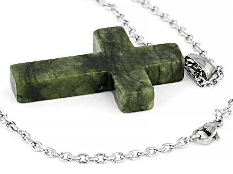 Celtic Carved Connemara Marble Silver Tone Cross Pendant With Chain