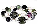 Green Marble, Cultured Freshwater Pearls, and Glass, Silver Tone Station Bracelet Set of 2