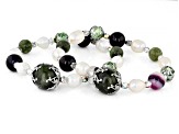 Green Marble, Cultured Freshwater Pearls, and Glass, Silver Tone Station Bracelet Set of 2