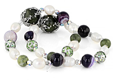 Green Marble, Cultured Freshwater Pearls, and Glass, Silver Tone Station Bracelet Set of 2