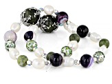 Green Marble, Cultured Freshwater Pearls, and Glass, Silver Tone Station Bracelet Set of 2