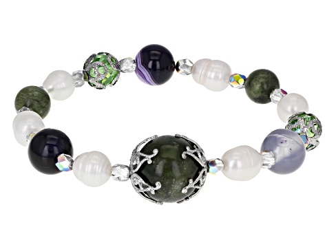 Green Marble, Cultured Freshwater Pearls, and Glass, Silver Tone Station Bracelet Set of 2