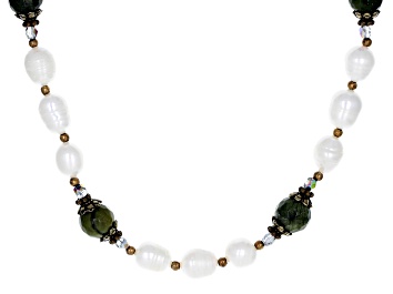 Picture of Cultured Freshwater Pearl, Marble, & Crystal Antique Tone Necklace