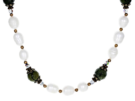 Cultured Freshwater Pearl, Marble, & Crystal Antique Tone Necklace