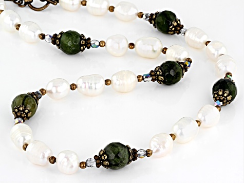 Cultured Freshwater Pearl, Marble, & Crystal Antique Tone Necklace