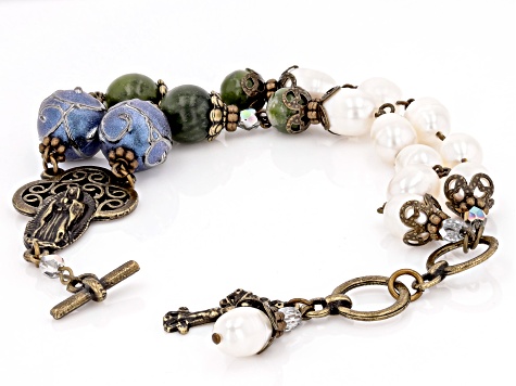 Cultured Freshwater Pearl & Connemara Marble Antique Tone Toggle Bracelet
