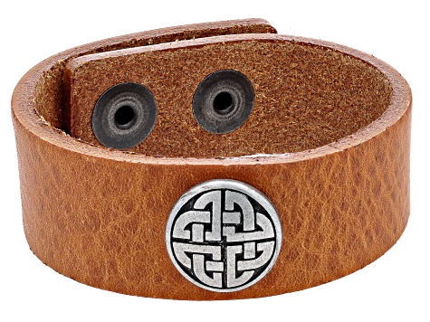 Tan Leather Rhodium Over Brass Celtic Triskele Bracelet