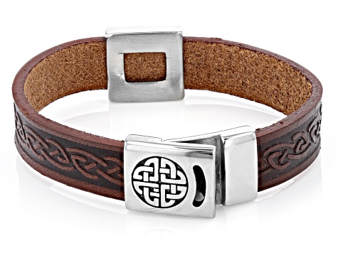 Brown Leather Stainless Steel Trinity Knot Bracelet - IRE713 | JTV.com